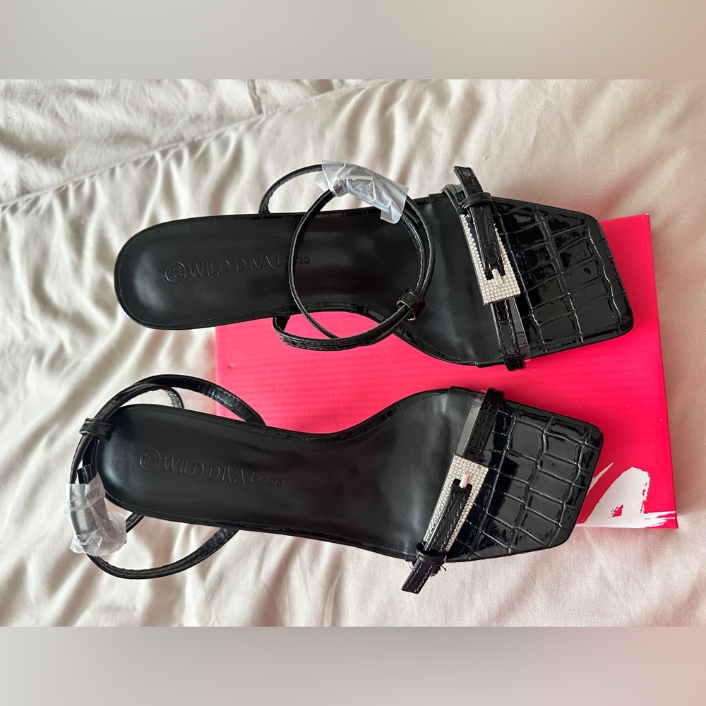 Wild Diva Black Croc Heels with Silver Detail